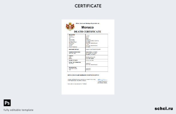 цифровая загрузка Монако, свидетельство о смерти, свидетельство о смерти, шаблон